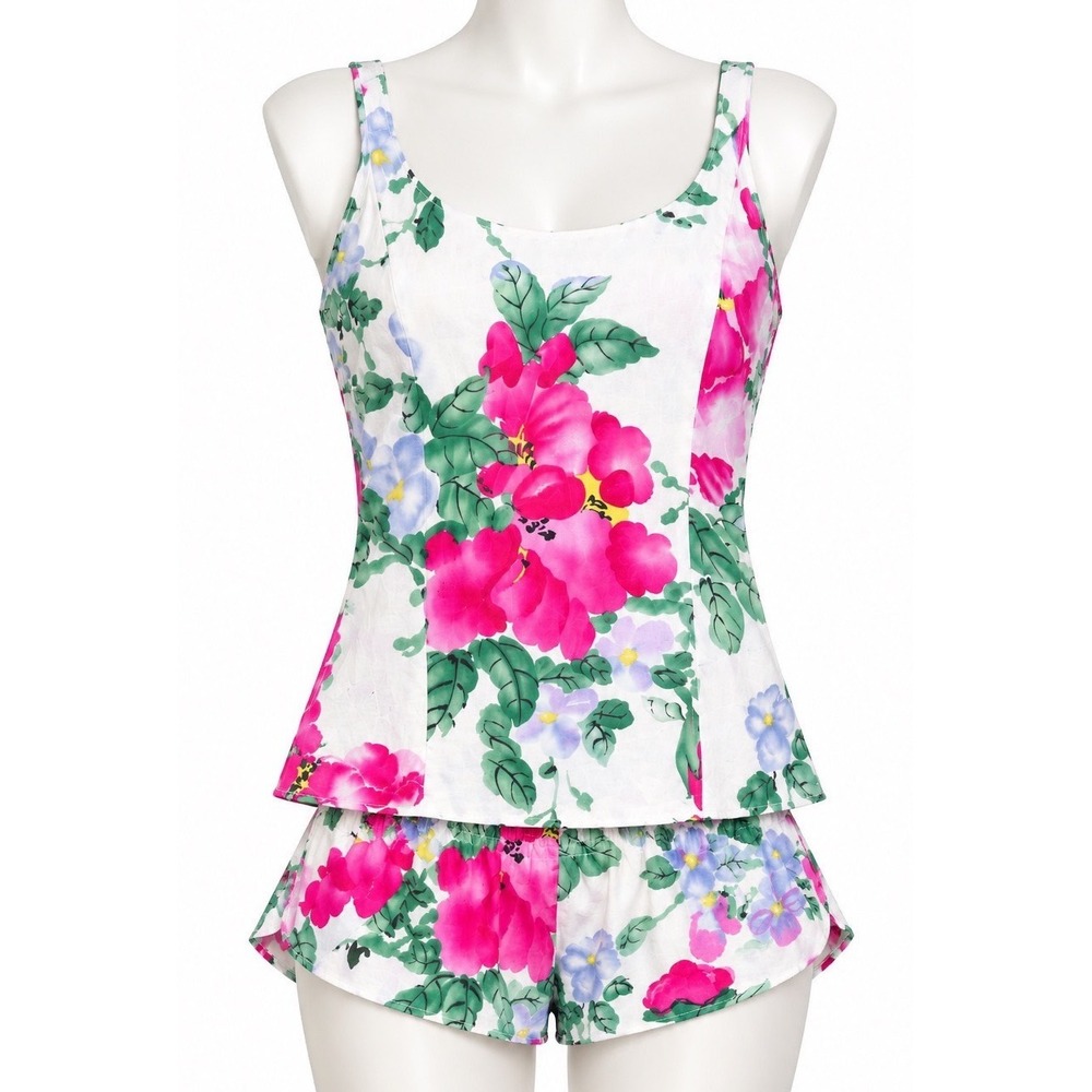 Vintage Victorias Secret Silk Camisole Tap Shorts Set XS Floral 90s Lingerie